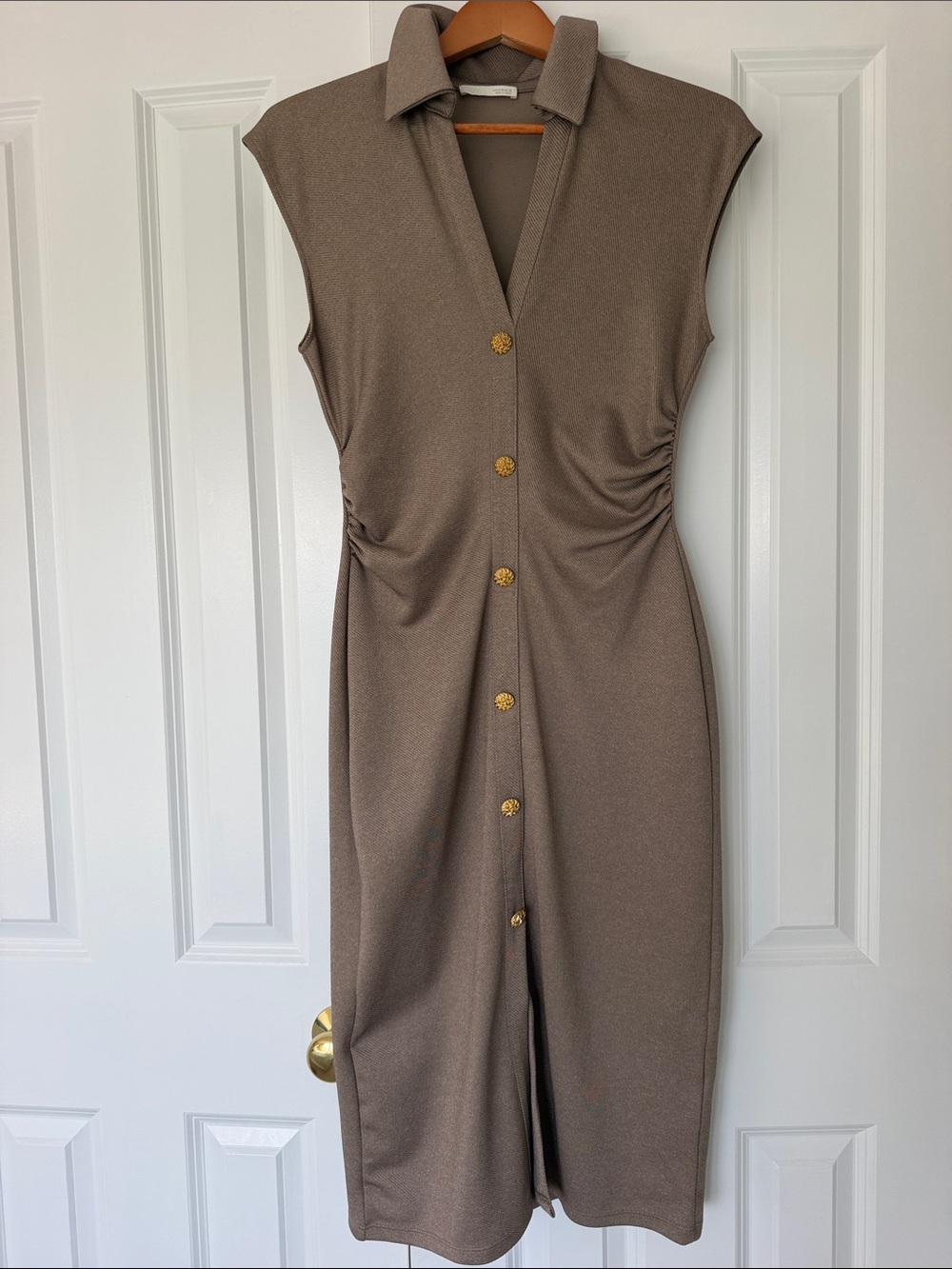 Zara Taupe Collared Sleeveless Midi Dress with Gold Buttons